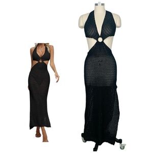 Crochet Bathing Suit Swimsuit Cover Up Long Sexy Halter Cut Out Backless Medium